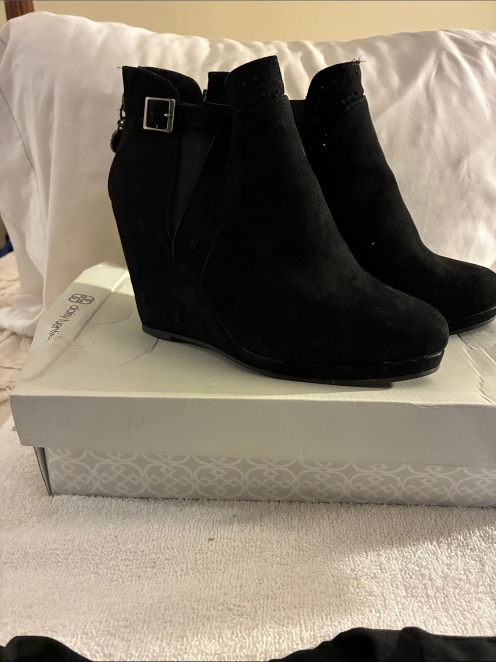 Daisy Fuentes Women's Black Suede Wedge Ankle Booties with Buckle